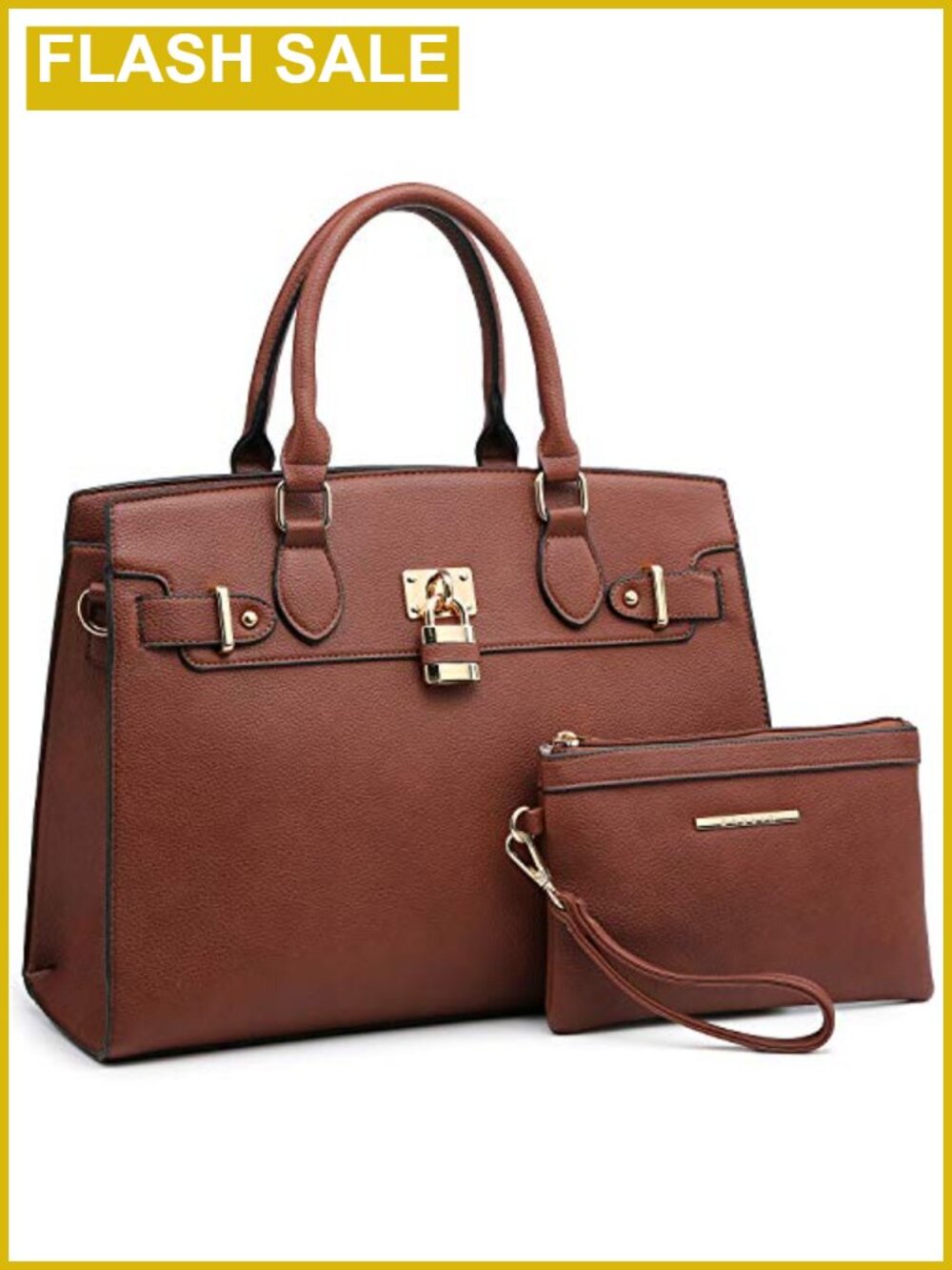Vegan Leather Satchel Tote with Matching Clutch, Top Handle Shoulder Bag